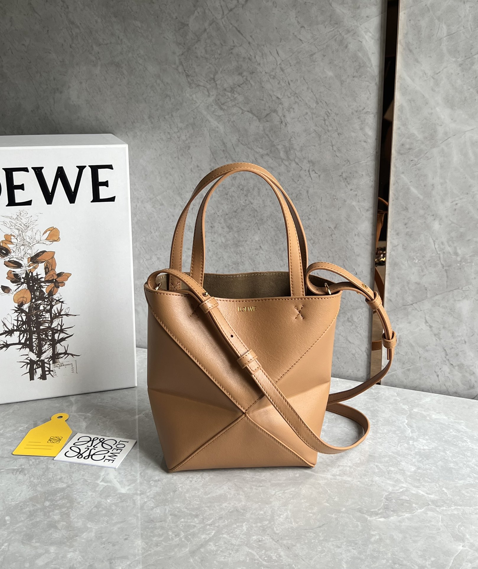 Loewe Mini Puzzle Fold Tote in Shiny Calfskin Warm Desert